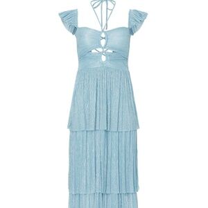 sabina musayev ray tiered satin dress with bows $412 Sabina Musayev Women's Yellow Ray Tiered Belted Bow Maxi Dress Size Large